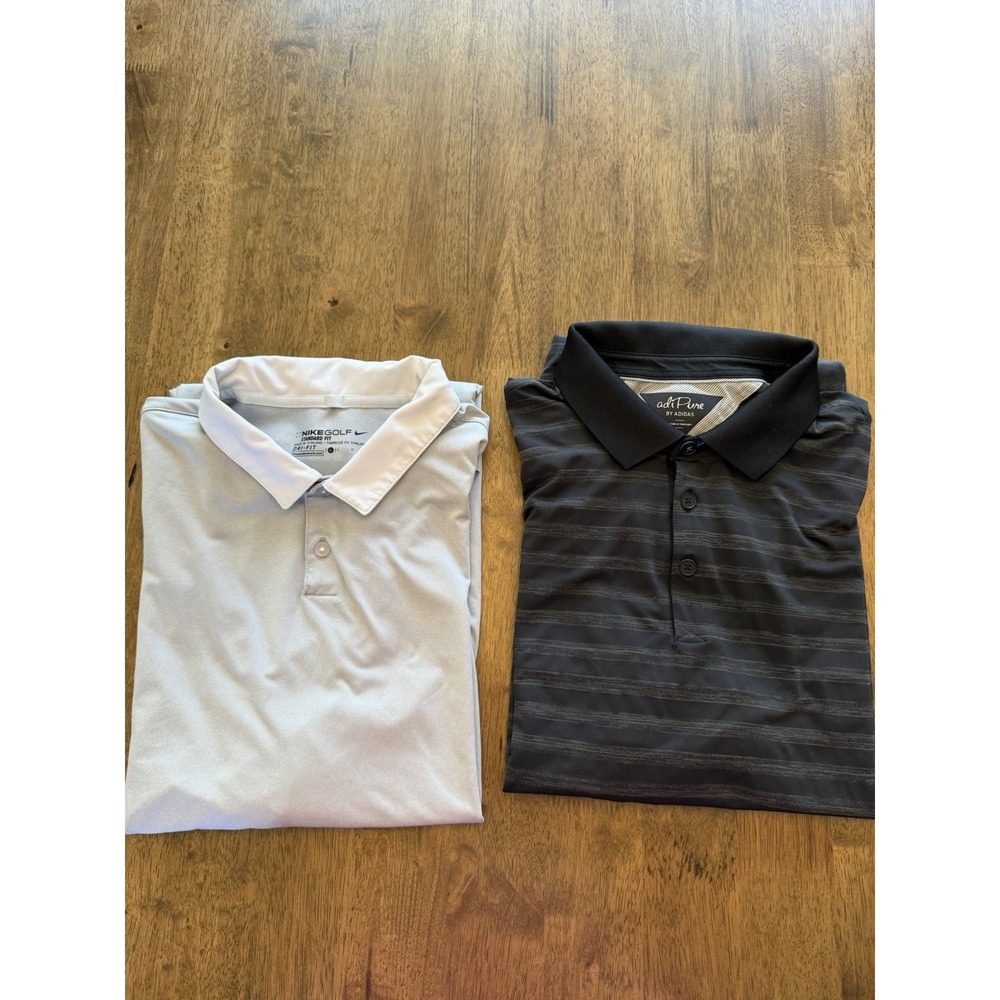 Lot of 2 Nike Golf Dri-Fit & Adidas adiPure Men's Polo Shirts Gray Black Large L